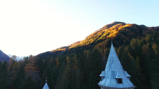 European heritage tourism showing an aerial view of Savoy Castle in Gressoney-Saint-Jean Italy.