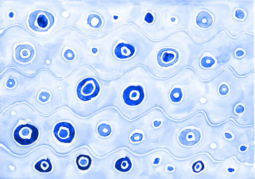 Abstract blue watercolor painting with wave and dot pattern
