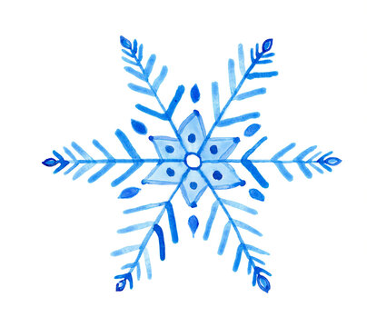 Watercolor blue snowflake painting isolated on white background