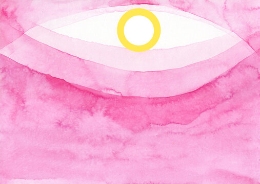 Abstract pink watercolor eye art with copy space and yellow circle