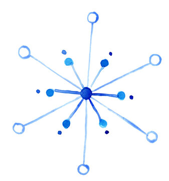 Blue watercolor snowflake painting on white background isolated