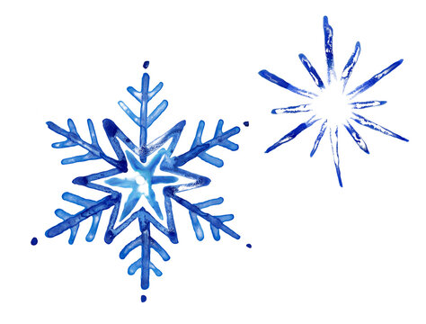 Blue watercolor snowflake painting isolated on a white background