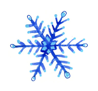 Watercolor snowflake painting on white background isolated