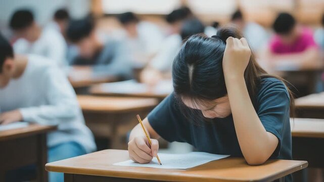 A group of students focused on writing an exam in a classroom.