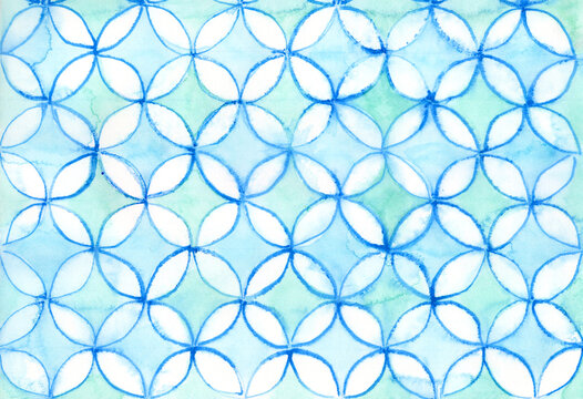 Abstract blue watercolor pattern with circles and ornament background