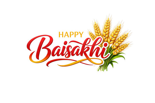 Happy Baisakhi festival greeting with golden wheat ears, traditional Indian harvest celebration design isolated PNG with Transparent Background