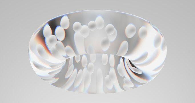3d render of transparent glass torus with bubble refraction pattern