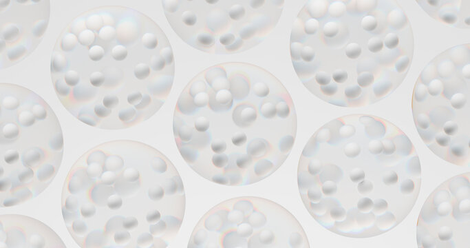 Abstract 3d rendering of transparent glass bubbles in geometric pattern