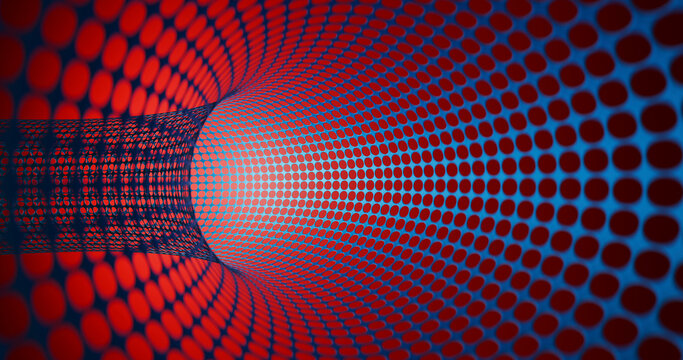 3d geometric tunnel with vivid red dots and symmetrical pattern