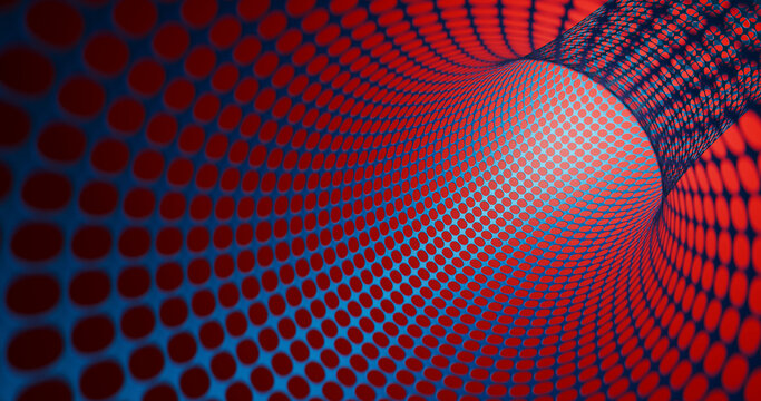 3d rendering of red geometric tunnel with vivid dots and symmetry