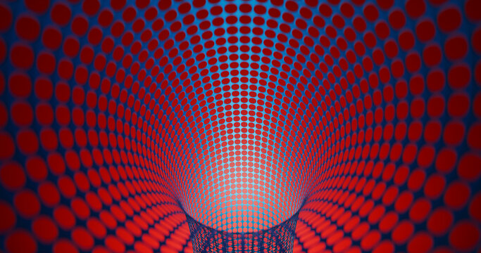 3d rendering of symmetrical red dot tunnel with vivid geometric pattern