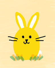Cute yellow rabbit illustration with decorated easter egg and copy space