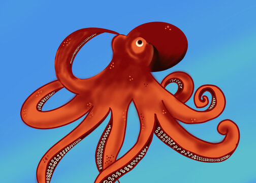 Illustration of octopus with tentacles in underwater ocean scene