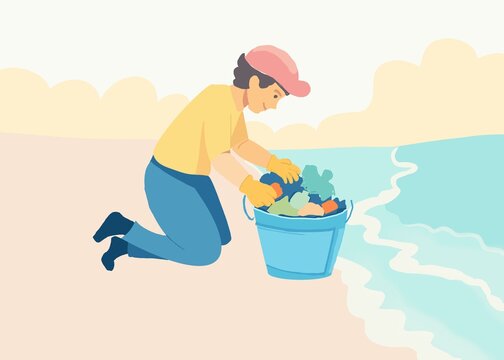 Beach cleanup illustration of collecting plastic waste near ocean