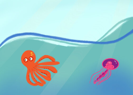 Cartoon octopus and jellyfish in underwater marine habitat illustration