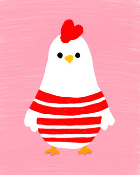 Cute cartoon hen in red striped shirt on pink background illustration