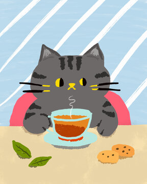 Cute cartoon cat enjoying tea and cookies at a colorful table