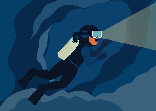 Scuba diver exploring underwater cave with diving equipment illustration