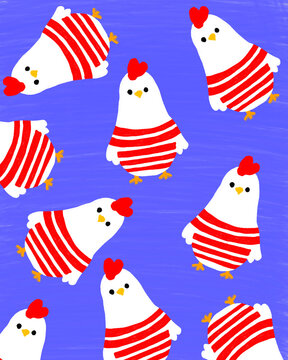 Playful illustration of cartoon hens in striped shirts on blue background