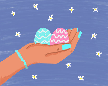 Woman hand holding decorated Easter eggs in festive illustration