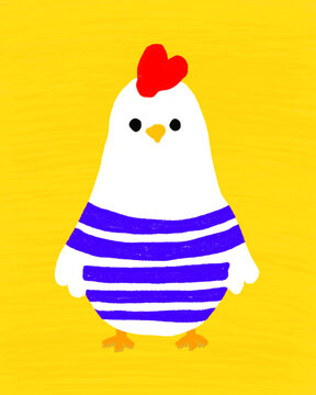 Cute cartoon hen wearing striped shirt on yellow background