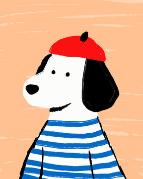 Cartoon dog in beret and striped shirt with French style