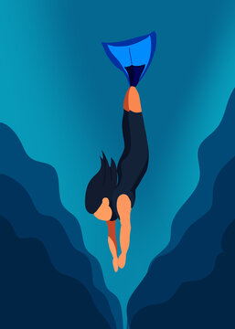 Freediver in wetsuit descending deep underwater with fins in ocean