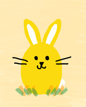 Cute yellow rabbit illustration with decorated easter egg and copy space
