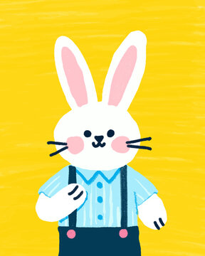 Cute cartoon rabbit in blue shirt with suspenders on yellow background