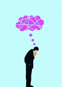 Businessman thinking with abstract cloud representing confusion