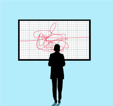 Businesswoman analyzing confusing line graph concept at office