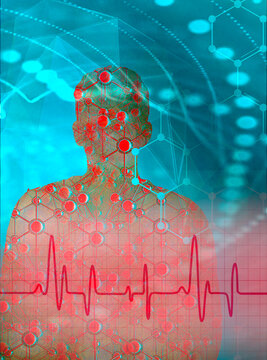 Human silhouette blended with scientific technology and heart monitoring concept