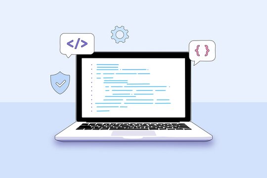 Laptop with source code illustration representing digital innovation