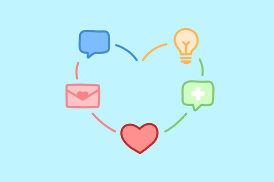 Minimalistic heart icon with symbols for love care communication support