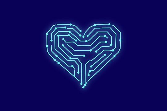 Glowing heart shaped digital circuit board symbolizing love and technology