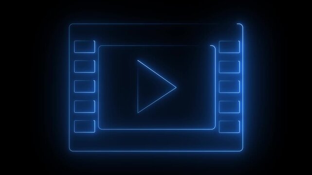 Play button icon animation glowing neon blue color on black background. 4k animation motion graphics video.