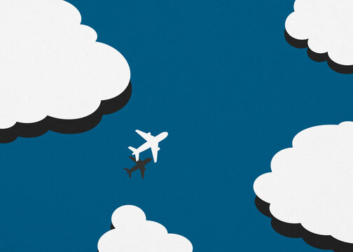 Illustration of airplane flying among clouds in blue sky