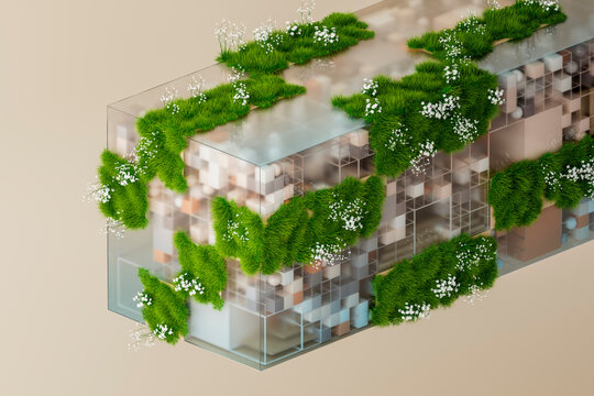 3D abstract matrix structure with grass and wood elements