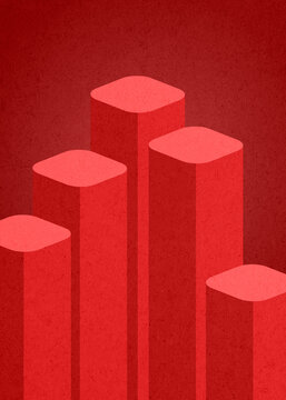 Minimal red illustration of tall columns resembling a growth chart