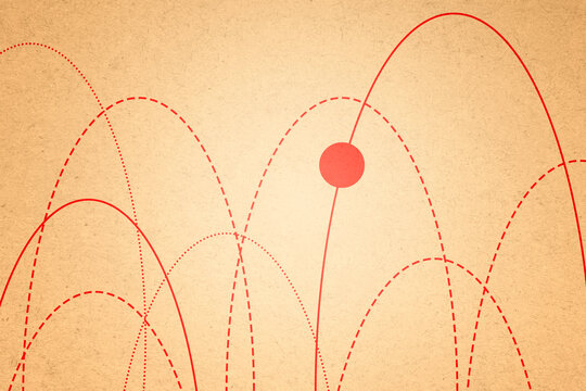 Vintage illustration of a bouncing red ball trajectory on textured background