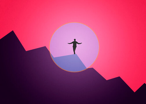 Businessperson balancing on financial chart in crisis illustration