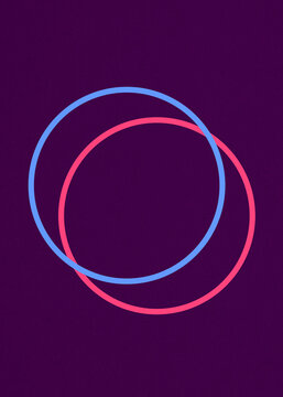 Minimal blue and pink abstract circles illustration on purple