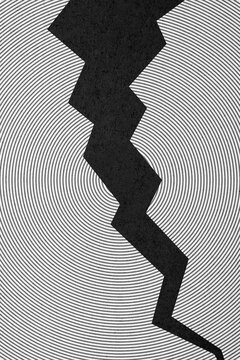 Black and white abstract illustration with crack and circular lines