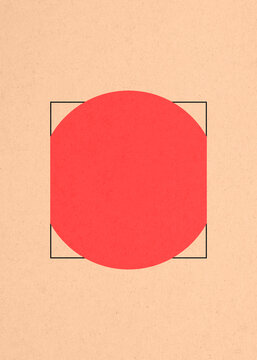Minimal red circle and black square geometric illustration on vintage background