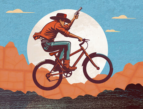 Cowboy leaping with bicycle while shooting handgun in wild west illustration