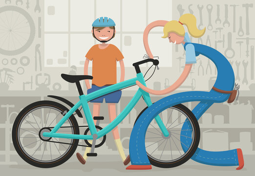Mechanic repairing bicycle for happy customer in workshop vector