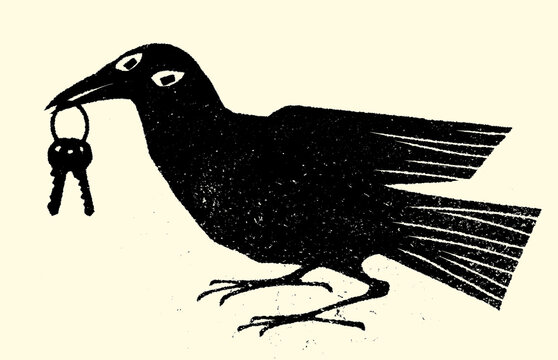 Vector illustration of a crow holding keys symbolizing theft and security