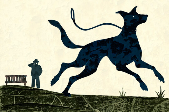 Exuberant dog running on leash in vector illustration outdoors