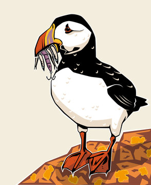 Vector illustration of puffin with fishing lure highlighting environmental impact