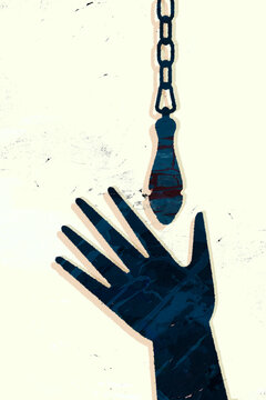 Hand reaching for toilet flush chain vector illustration